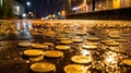 Nighttime Reflections: Euro Coins Resting on Rain-Soaked Asphalt