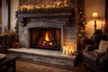 Cozy Fireplace with Stockings, Crackling Fire, and Rustic Charm Royalty Free Stock Photo