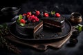 A captivating photograph featuring a black charcoal edible vegan raw organic cake.