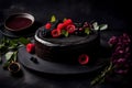 A captivating photograph featuring a black charcoal edible vegan raw organic cake.