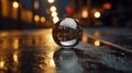 Nightfall Reflections: The Mesmerizing Metallic Sphere on Rain-Soaked Asphalt