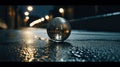 Luminous Reverie: The Reflective Metallic Sphere on Rain-Soaked Asphalt at Night