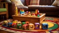 Handmade Wooden Toys and Games - Creative Playtime in a Cozy Living Room Royalty Free Stock Photo