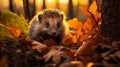 Autumns Cozy Retreat: Hedgehog Nestled in Vibrant Leaves