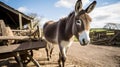 Rustic Charm: Serene Donkey Pulling Hay-Filled Cart in a Picturesque Farmyard