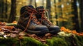Autumns Rugged Path: A Sturdy Hiking Boot Amidst a European Forest Royalty Free Stock Photo