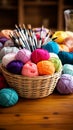 Vibrant Crochet Hooks and Colorful Yarn Balls in Cozy Crafting Room