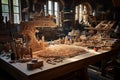Artistry Unleashed: Exquisite Woodcarving Bench & Tools in a Sunlit Workshop