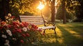 Serenity in Nature: Vibrant Flowers, Golden Sunset, and Tranquil Bench