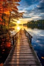 Serene Lakeside Dock: Autumns Golden Hour Beauty