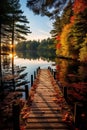Serene Lakeside Dock: Autumns Golden Hour Beauty