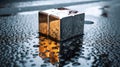 Night Reflections: The Allure of an Exquisite Metallic Cube on Rain-Soaked Asphalt