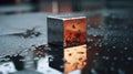 Reflections of the Night: The Radiant Metallic Cube Illuminating Rain-Soaked Asphalt