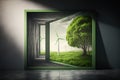 Open door with green nature and wind turbines