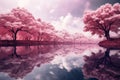 Captivating Pink magical forest lake. Generate Ai