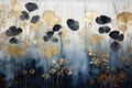 Captivating Plant Silhouettes Gold, Black, Blue, and Gray Interior Canvas Painting with Stunning Background