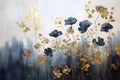 Captivating Plant Silhouettes Gold, Black, Blue, and Gray Interior Canvas Painting with Stunning Background