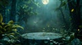 A captivating podium amidst a lush forest illuminated by a shimmering full moon and the faint glow of fireflies dancing