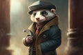 Portrait of a ferret in a leather jacket and a hat