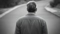 Captivating portrait of a mature man walking away, lost in thought, Black and white colors