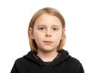 A captivating portrait of a ten-year-old boy with flowing long hair, his youthful features highlighted against a clean