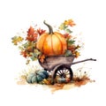 Captivating Pumpkin Harvest: Wheelbarrow Watercolor Isolated on White Background - Generative AI