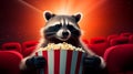 A captivating raccoon holding a large striped popcorn bucket in a movie theater, with a dramatic red spotlight and a