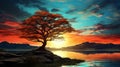 Captivating Realistic Fantasy Artwork: Red Tree On Water At Beautiful Sunset