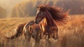 captivating red horse with flowing mane against dynamic background, majestic equine portrait