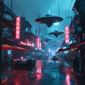 A retro-futuristic scene with flying cars and neon signs.