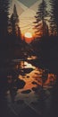Captivating River Under Setting Sun: Ansel Adams Meets Geometric Patterns Royalty Free Stock Photo