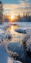 Captivating Romantic Landscape: Sun Rising Over Frozen River