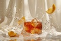 Dynamic Sazerac cocktail with lemon twist splash on elegant white backdrop