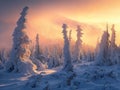 A captivating scene of a beautiful sunset casting a warm glow on a group of snow-covered trees