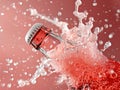 In this captivating scene, a bottle of wine stands majestically as water splashes onto its surface, creating a Royalty Free Stock Photo