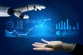 Futuristic interaction between human hand and robotic arm with data visualization graphics showcasing digital Royalty Free Stock Photo