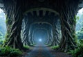 Enchanted pathway through a mystical forest with towering tree roots Royalty Free Stock Photo