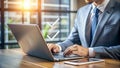 This captivating scene features a businessman confidently using an online checklist on his laptop. The design conveys the ease and