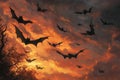 Bats in Flight Against a Dramatic Sunset Sky with Dark Clouds Royalty Free Stock Photo