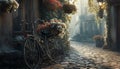 A captivating scene featuring a bicycle with a flower basket