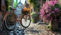 A captivating scene featuring a bicycle with a flower basket