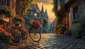 A captivating scene featuring a bicycle with a flower basket