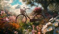 A captivating scene featuring a bicycle with a flower-filled basket