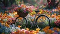 A captivating scene featuring a bicycle with a flower-filled basket