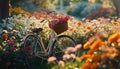 A captivating scene featuring a bicycle with a flower-filled basket