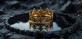 A captivating scene featuring a golden crown reflected in the dark and mysterious surface of a black obsidian mirror. Royalty Free Stock Photo