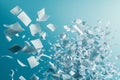 Dynamic Explosion of Floating Papers on a Soft Blue Background Royalty Free Stock Photo