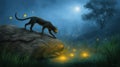 Enigmatic Leopard Observes Glowing Fireflies Near a Serene Water Body Under Moonlight Royalty Free Stock Photo