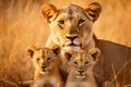 Captivating Scene of Lioness with Impressive Mane and Cubs in Lush Grass