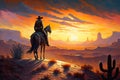 Cowboy on horseback in the desert at sunset Royalty Free Stock Photo